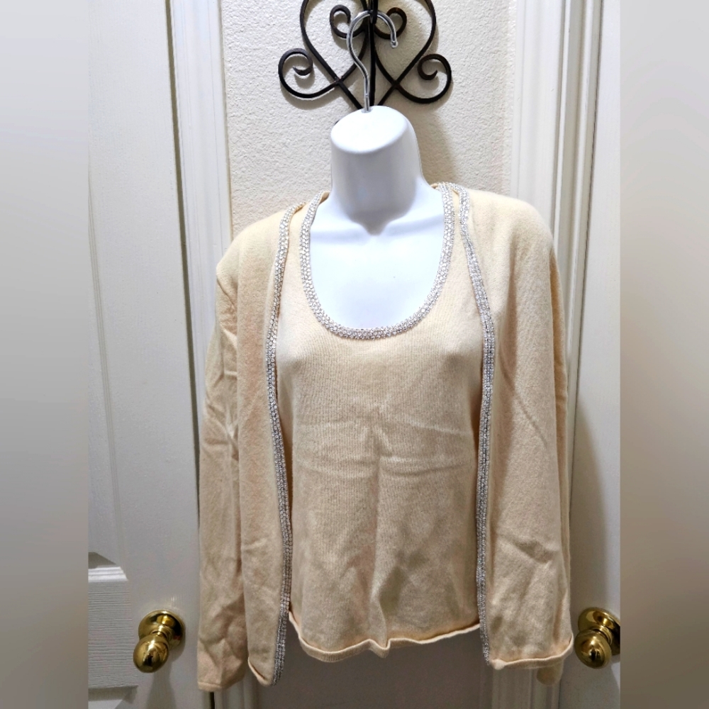 Henry Bendel Cashmere Cream Rhinestones Cardigan Set Medium EUC